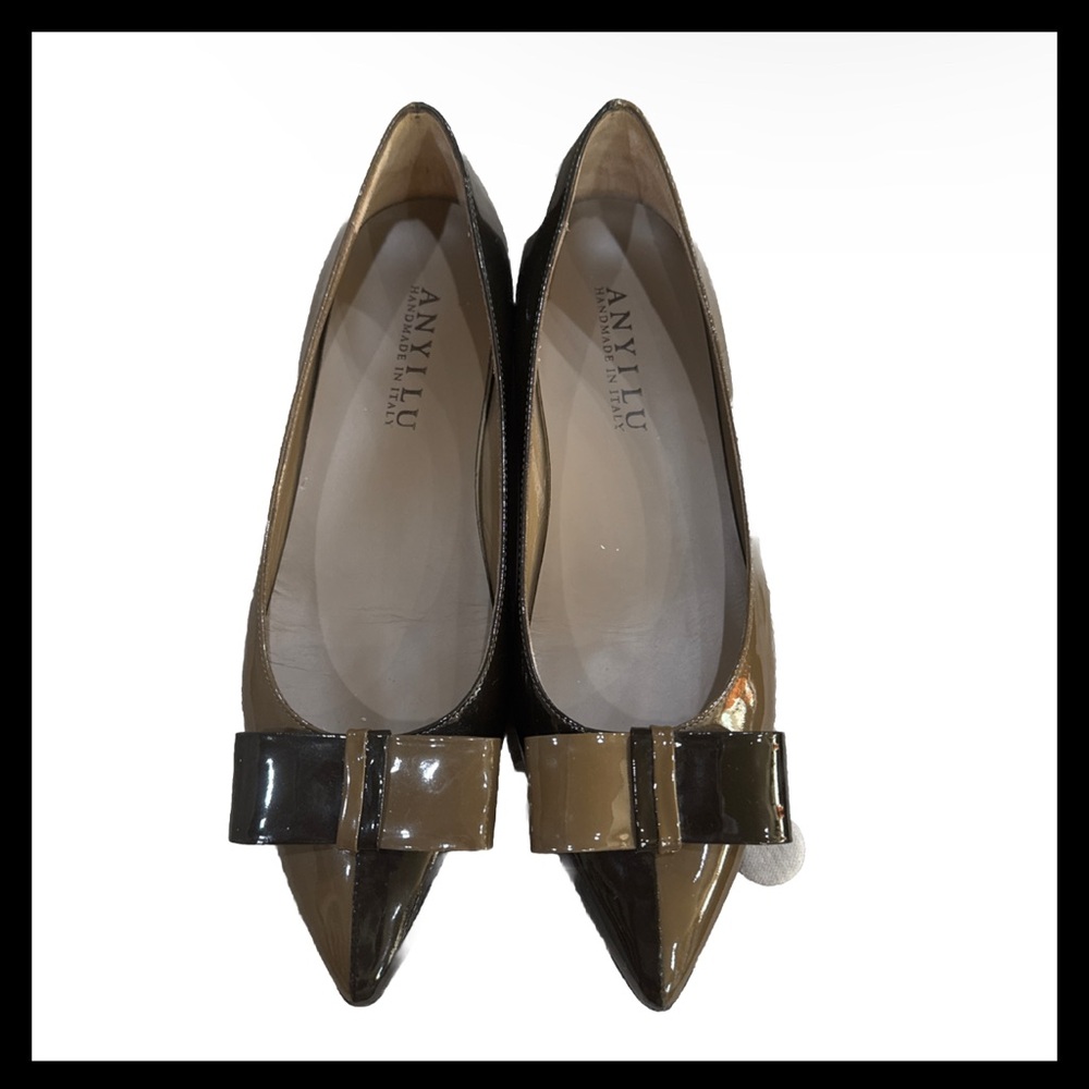 Anyi Lu Patent Leather 2 Tone Brown Pointy Ballet Bow Flats Wmen Sz 38 Handmade